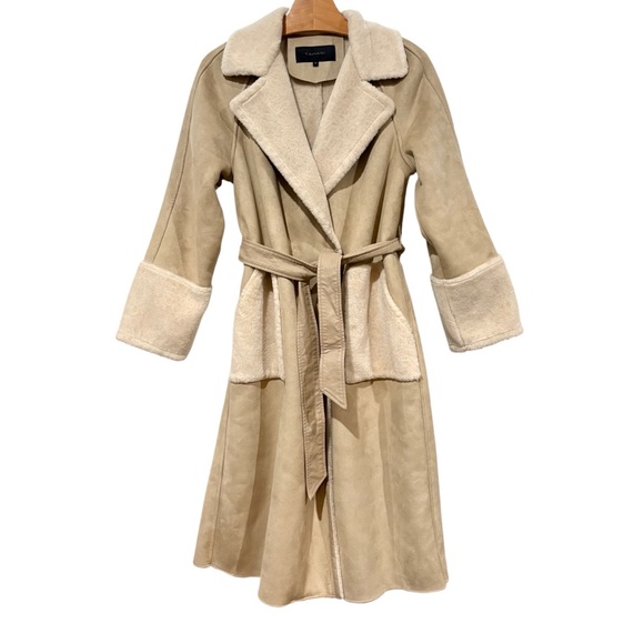 Tahari Sz 10/12 Faux Suede Long Trench Coat, Cream Fur Trim women’s large - Picture 1 of 16